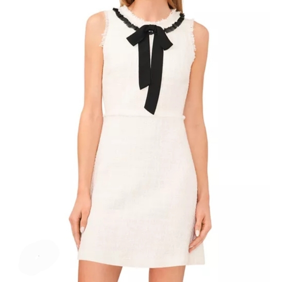 CeCe Dresses & Skirts - CeCe White Tweed Mini Dress Sz 6 Black Bow Neck Tie A-Line Sleeveless Graduation